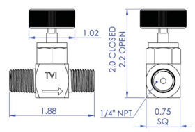 Stainless Steel Mini Valves with PEEK Seats and Aluminum Handles Male-to-Male Diagram