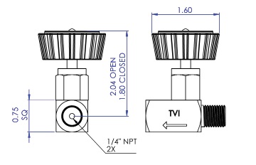 Diagram of Stainless Steel Mini Valves with PEEK™ Seats - 1/4" NPT Male to Female